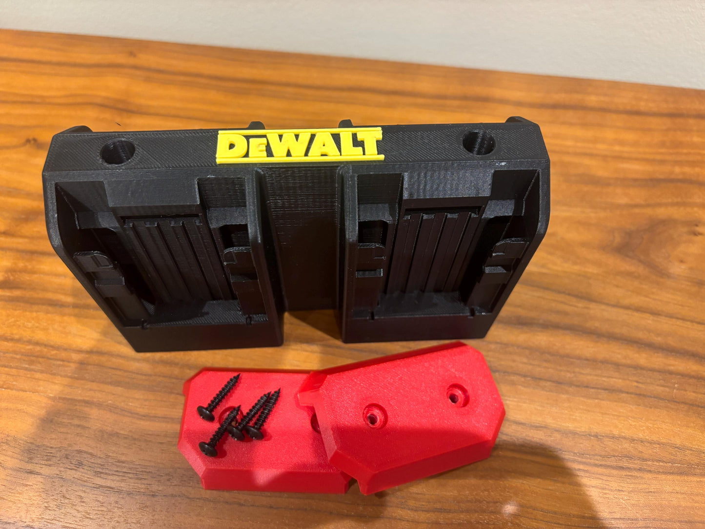 Wall Mount Holder for DeWalt 20V and 60V Batteries – holds 4 Batteries, Optional Milwaukee Packout Mounting