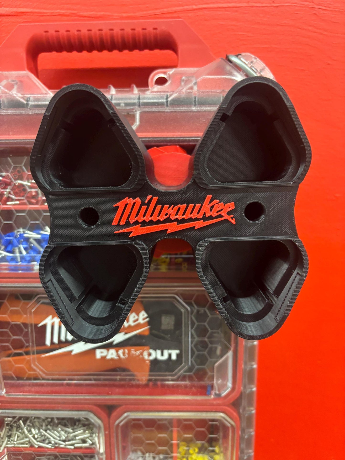 Wall Mount Holder for Milwaukee M12 Batteries – holds 4 Batteries, Optional Packout Mounting
