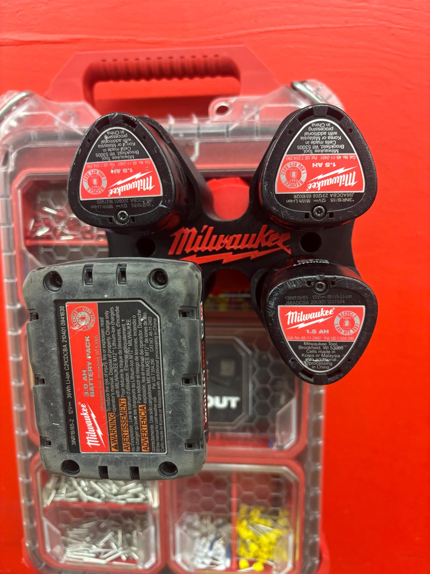 Wall Mount Holder for Milwaukee M12 Batteries – holds 4 Batteries, Optional Packout Mounting