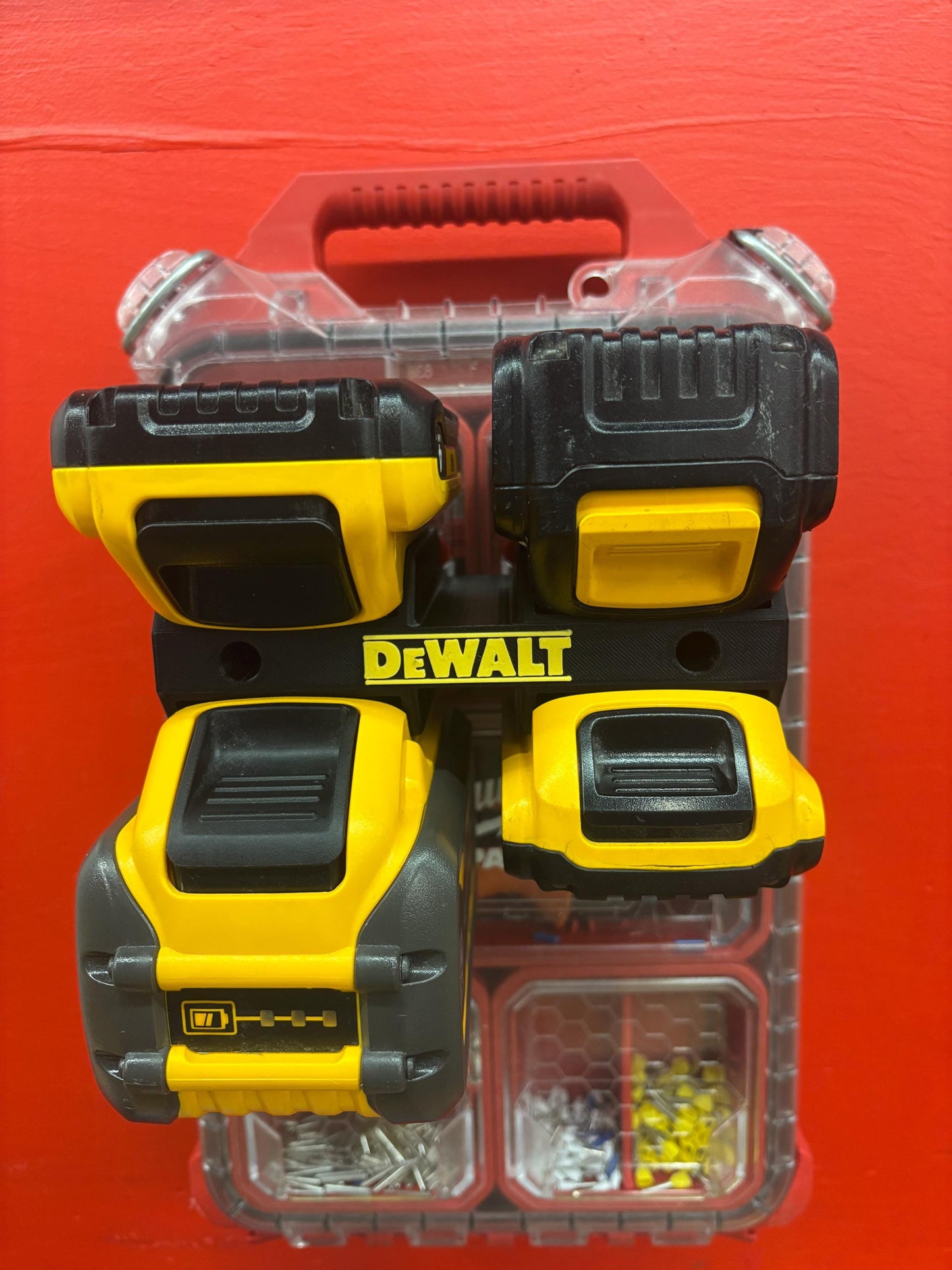 Wall Mount Holder for DeWalt 20V and 60V Batteries – holds 4 Batteries, Optional Milwaukee Packout Mounting