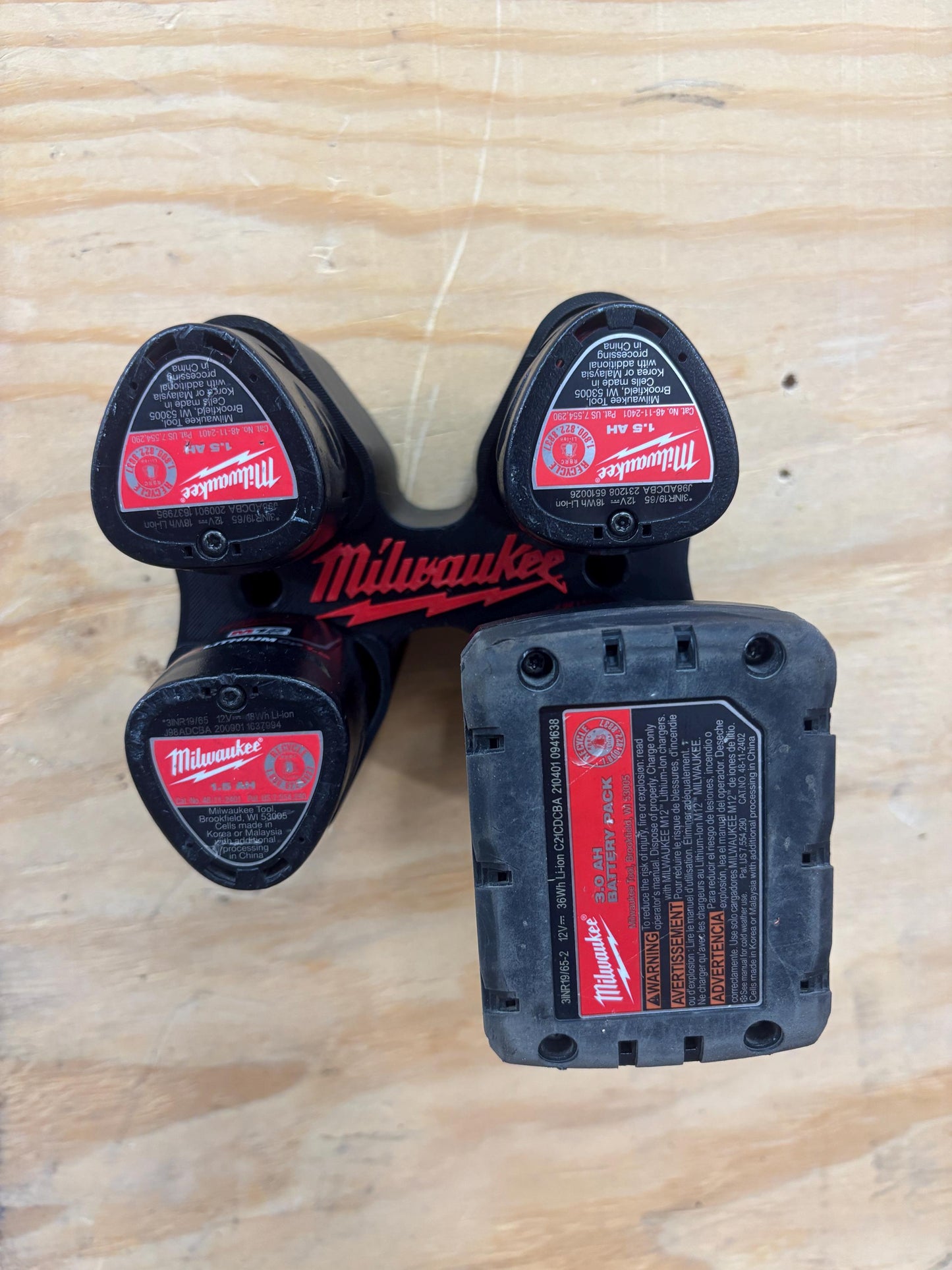 Wall Mount Holder for Milwaukee M12 Batteries – holds 4 Batteries, Optional Packout Mounting