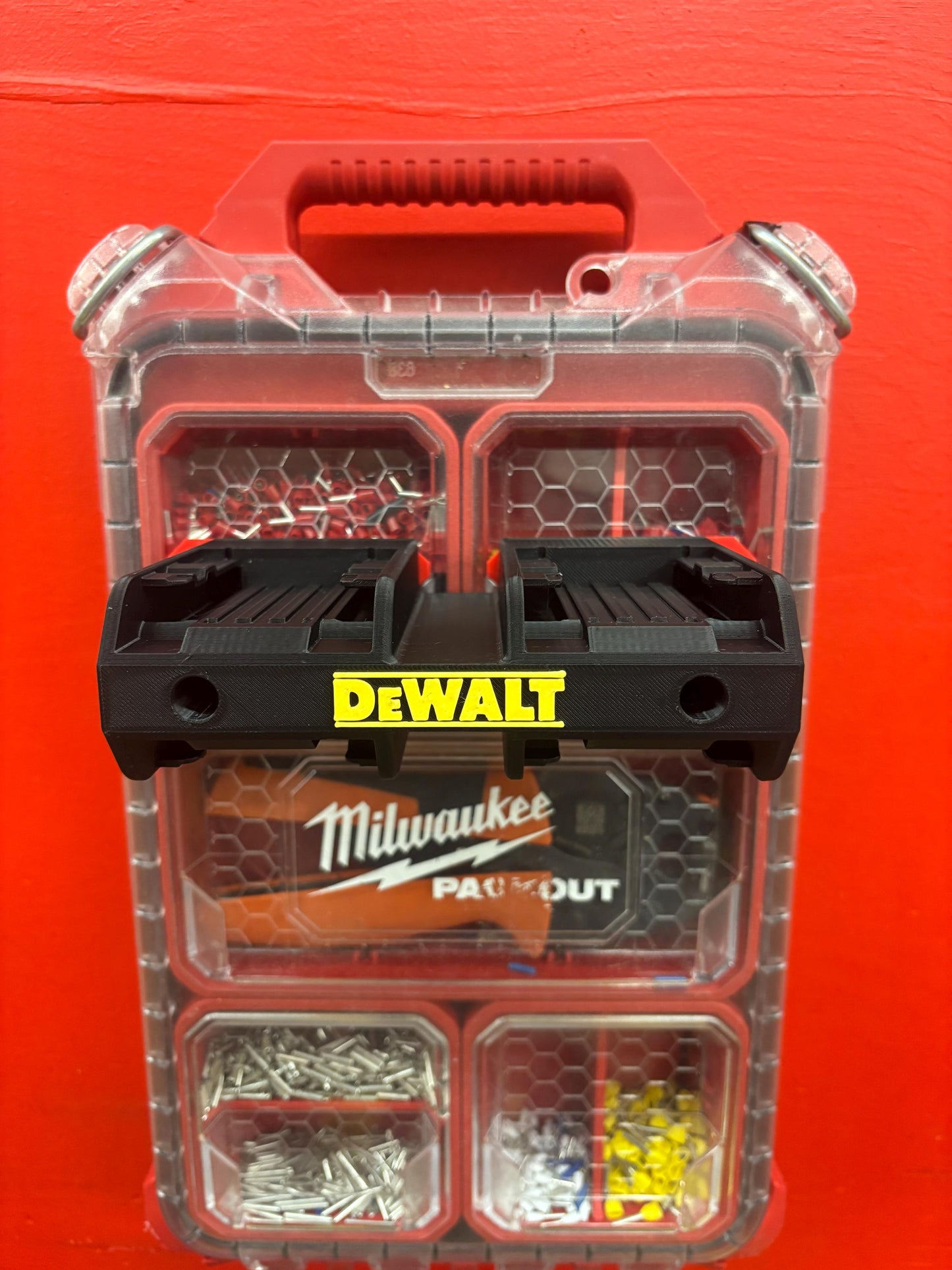 Wall Mount Holder for DeWalt 20V and 60V Batteries – holds 4 Batteries, Optional Milwaukee Packout Mounting