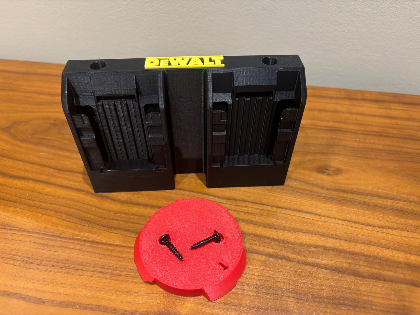 Wall Mount Holder for DeWalt 20V and 60V Batteries – holds 4 Batteries, Optional Milwaukee Packout Mounting