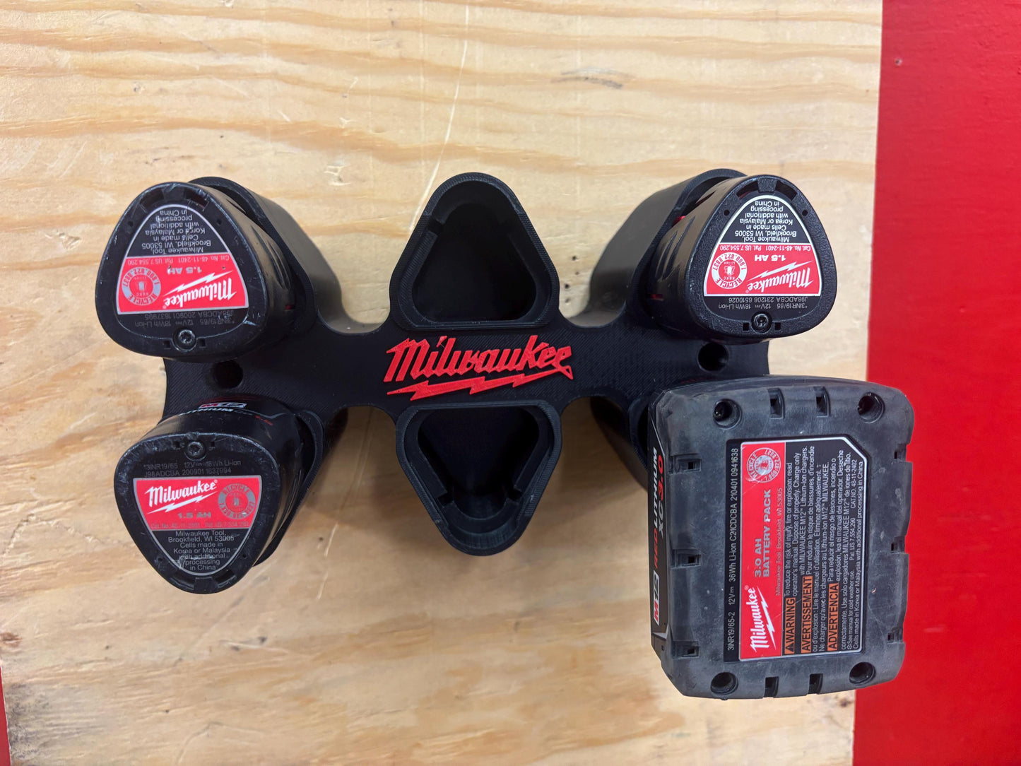 Wall Mount Holder for Milwaukee M12 Batteries – holds 6 Batteries, Optional Packout Mounting