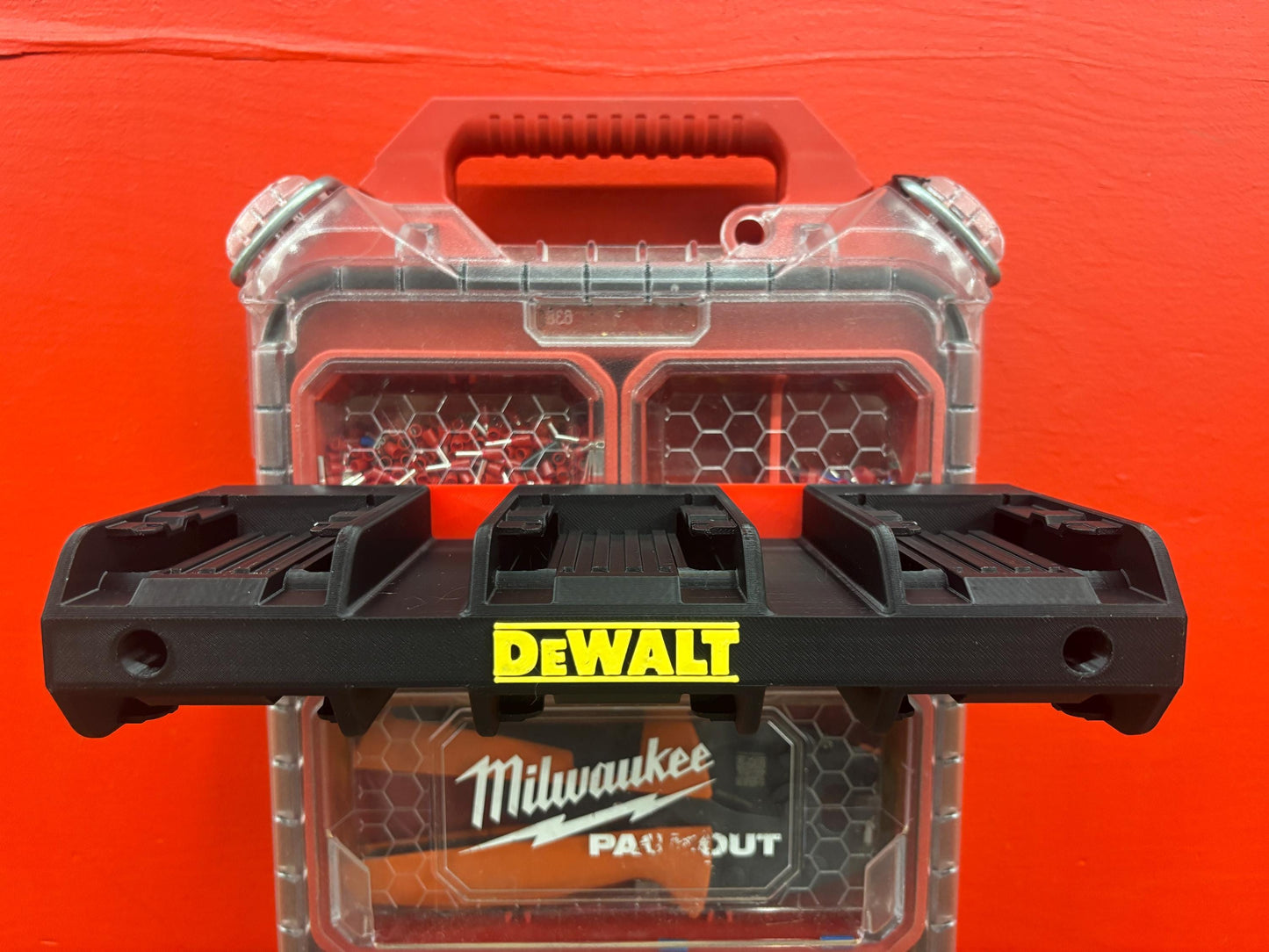 Wall Mount Holder for DeWalt 20V and 60V Batteries – holds 6 Batteries, Optional Milwaukee Packout Mounting