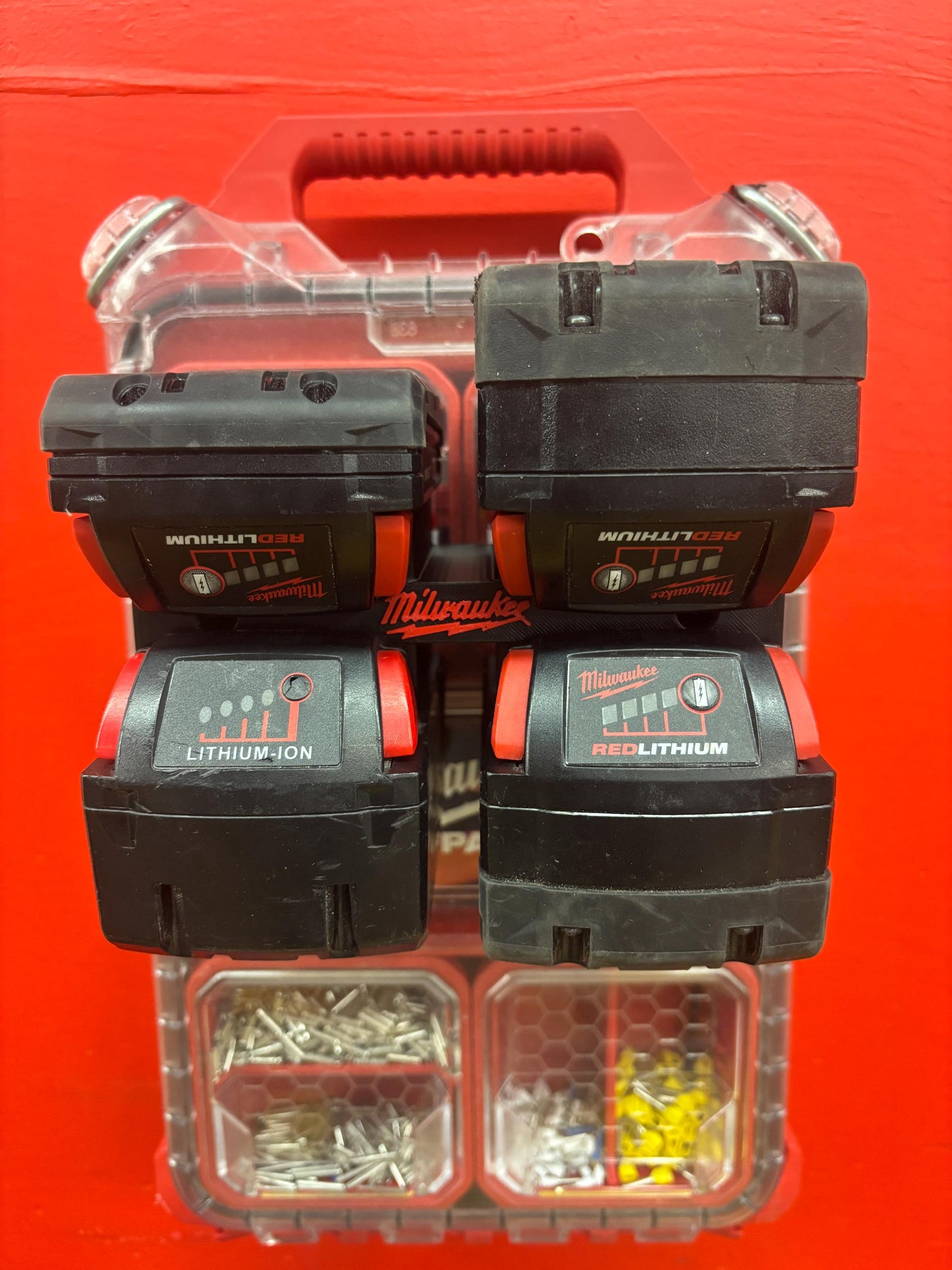 Wall Mount Holder for Milwaukee M18 Batteries – holds 4 Batteries, Optional Packout Mounting