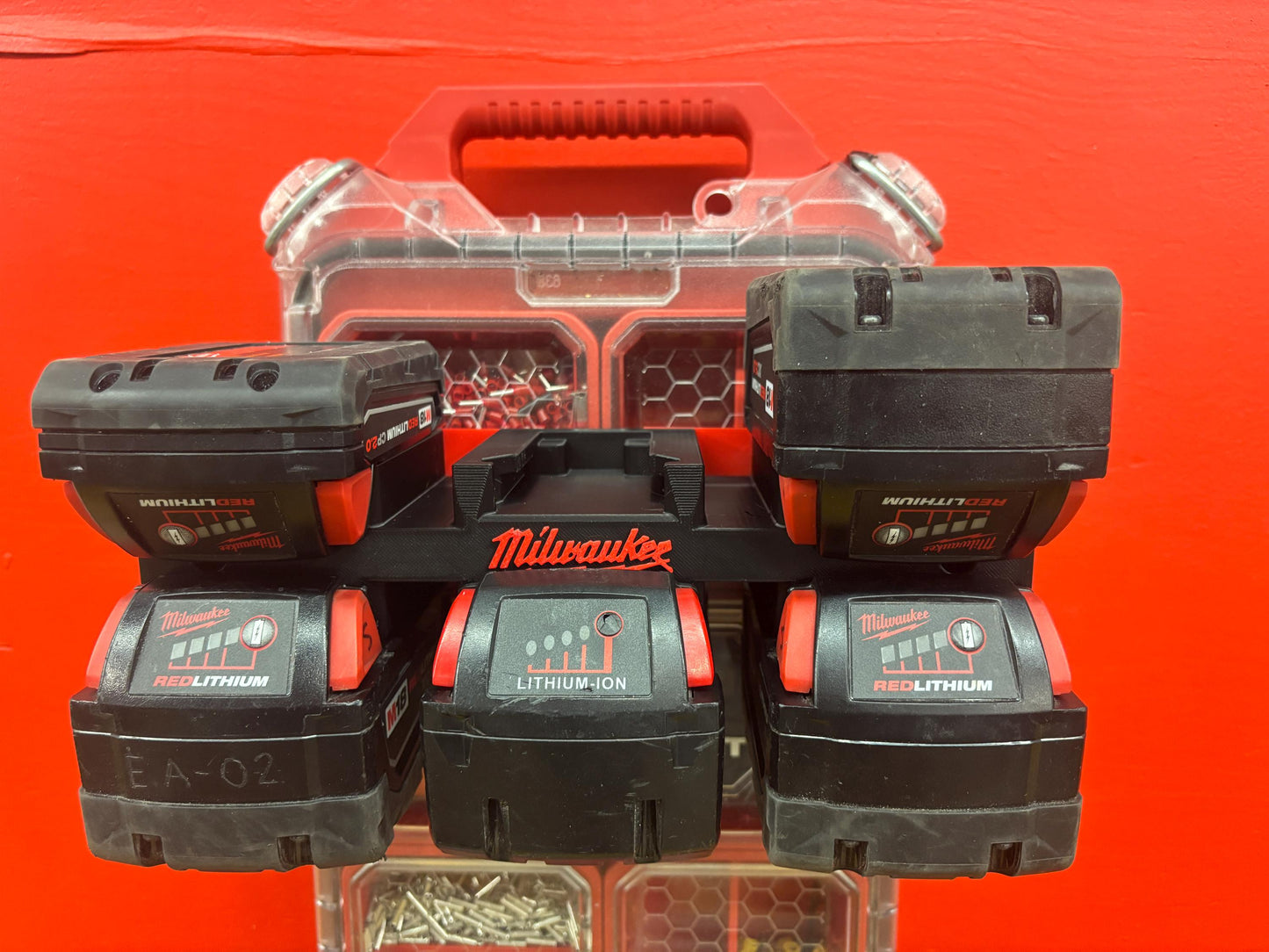 Wall Mount Holder for Milwaukee M18 Batteries – holds 6 Batteries, Optional Packout Mounting