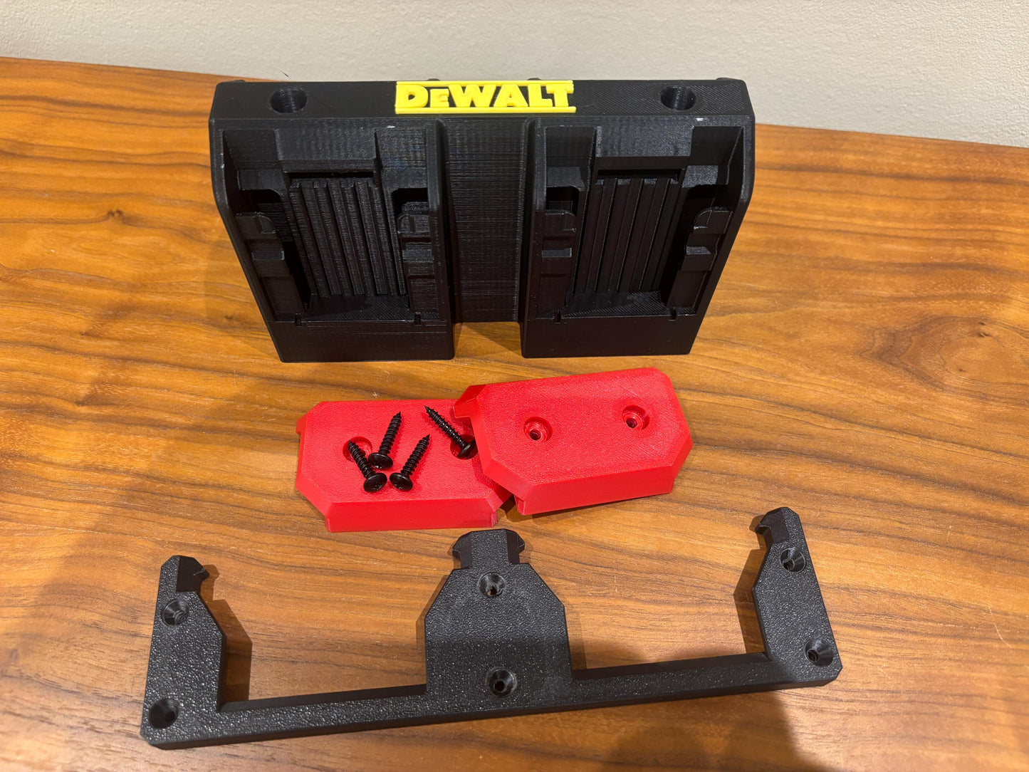 Wall Mount Holder for DeWalt 20V and 60V Batteries – holds 4 Batteries, Optional Milwaukee Packout Mounting