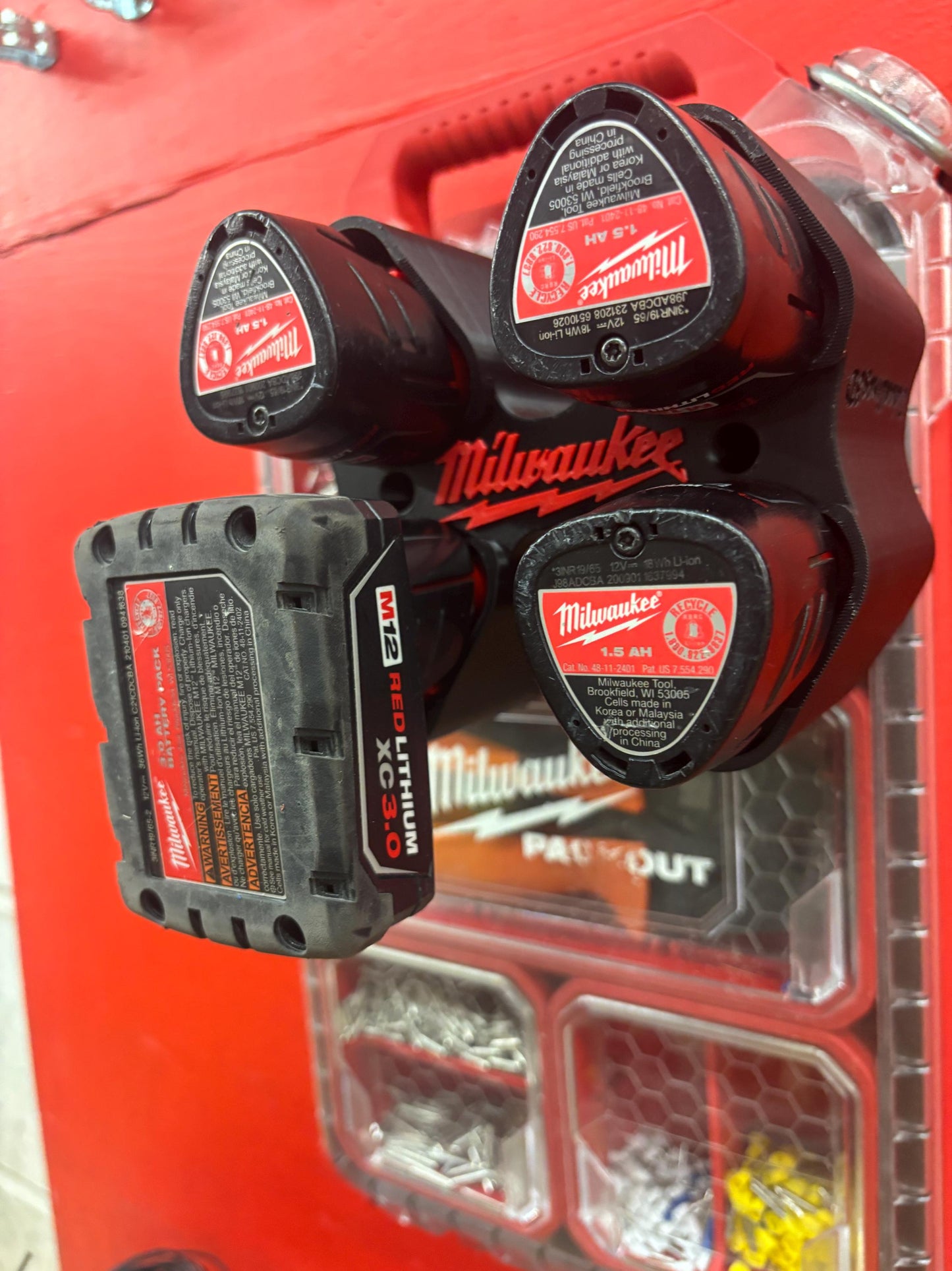 Wall Mount Holder for Milwaukee M12 Batteries – holds 4 Batteries, Optional Packout Mounting