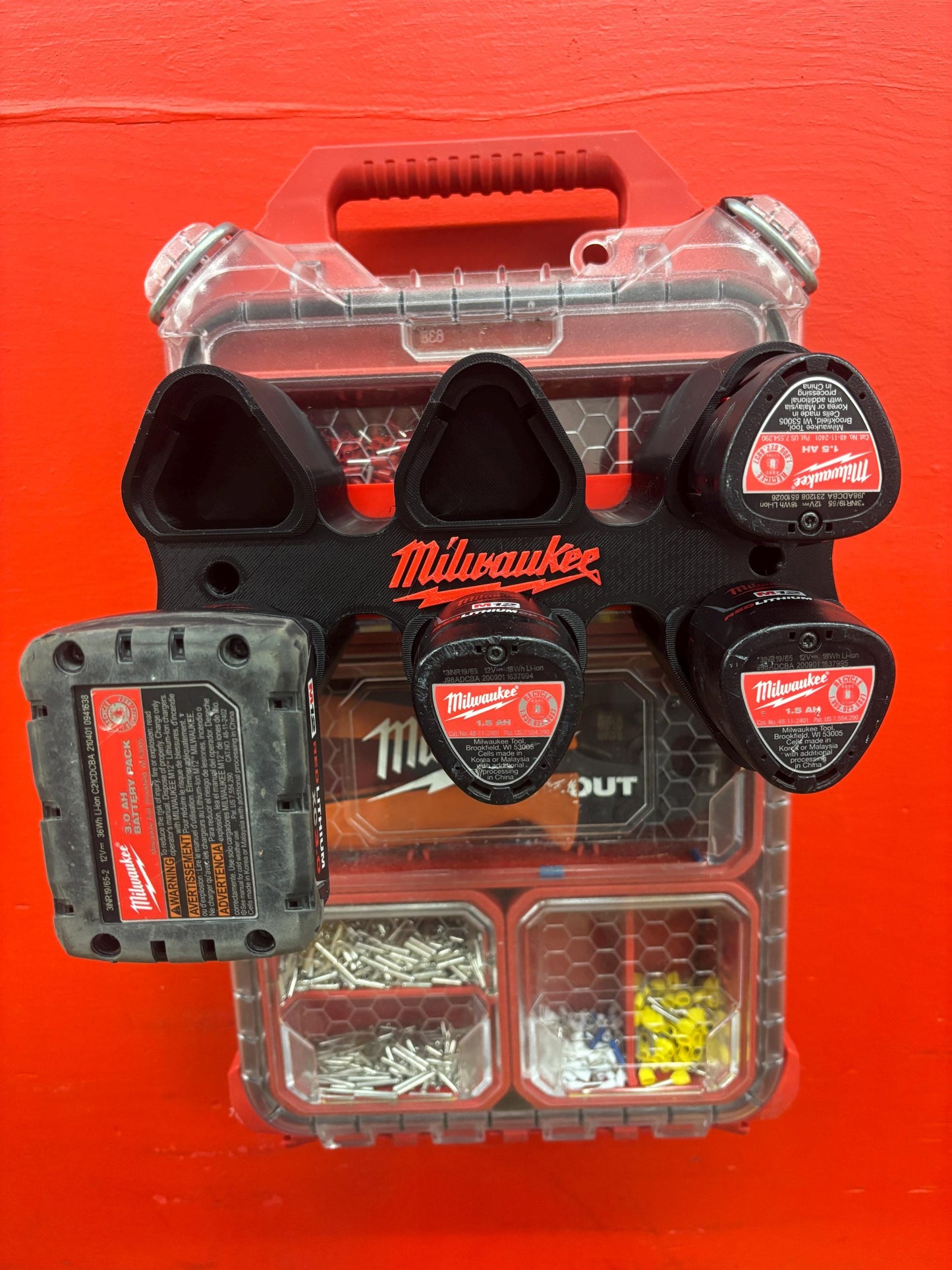 Wall Mount Holder for Milwaukee M12 Batteries – holds 6 Batteries, Optional Packout Mounting