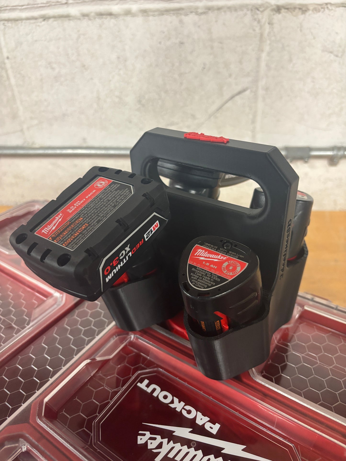 Battery Caddy for Milwaukee M12 Batteries – holds 4 Batteries, Optional Milwaukee Packout Mounting