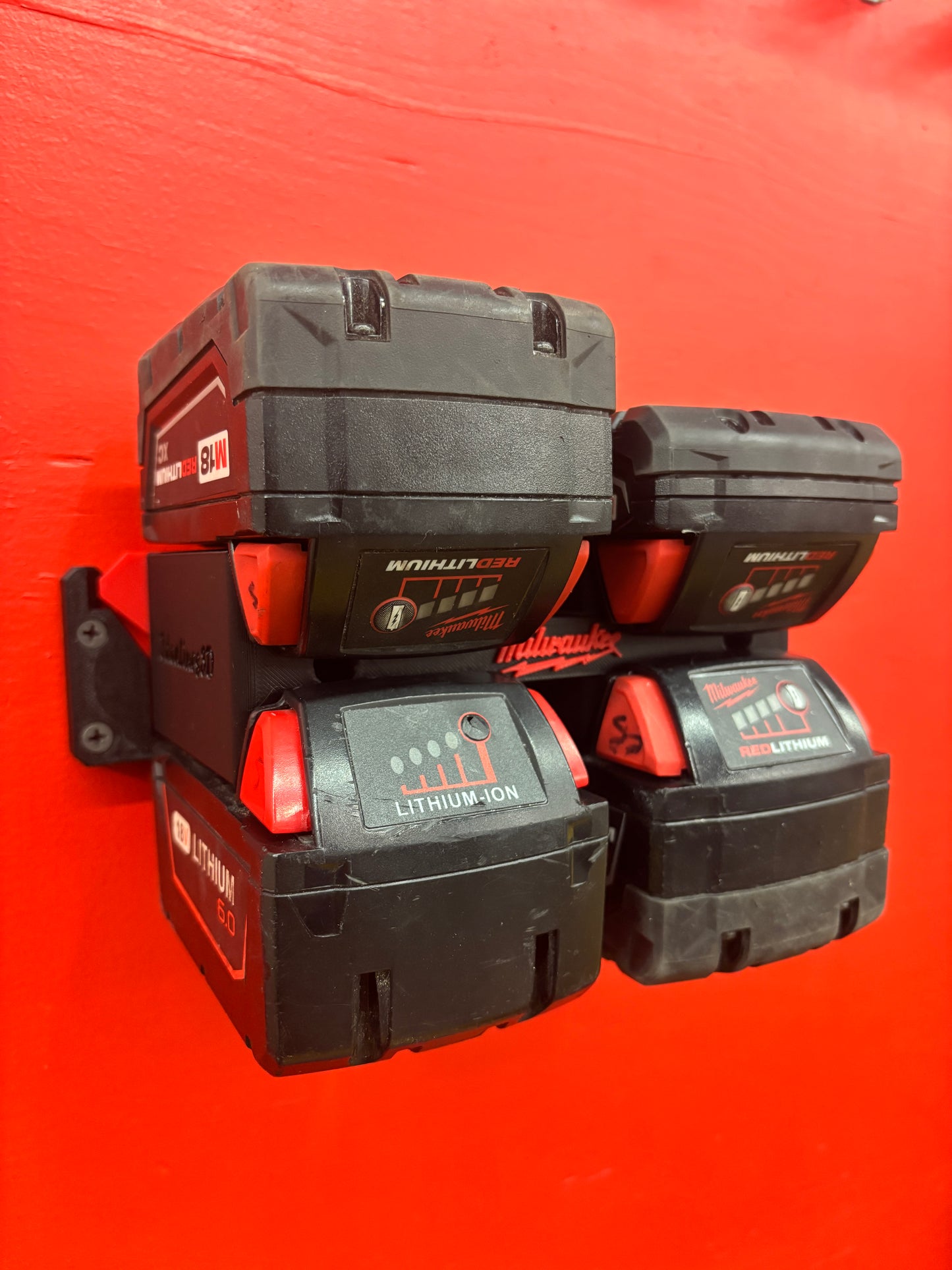 Wall Mount Holder for Milwaukee M18 Batteries – holds 4 Batteries, Optional Packout Mounting