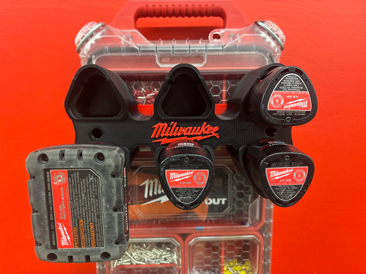 Wall Mount Holder for Milwaukee M12 Batteries – holds 6 Batteries, Optional Packout Mounting