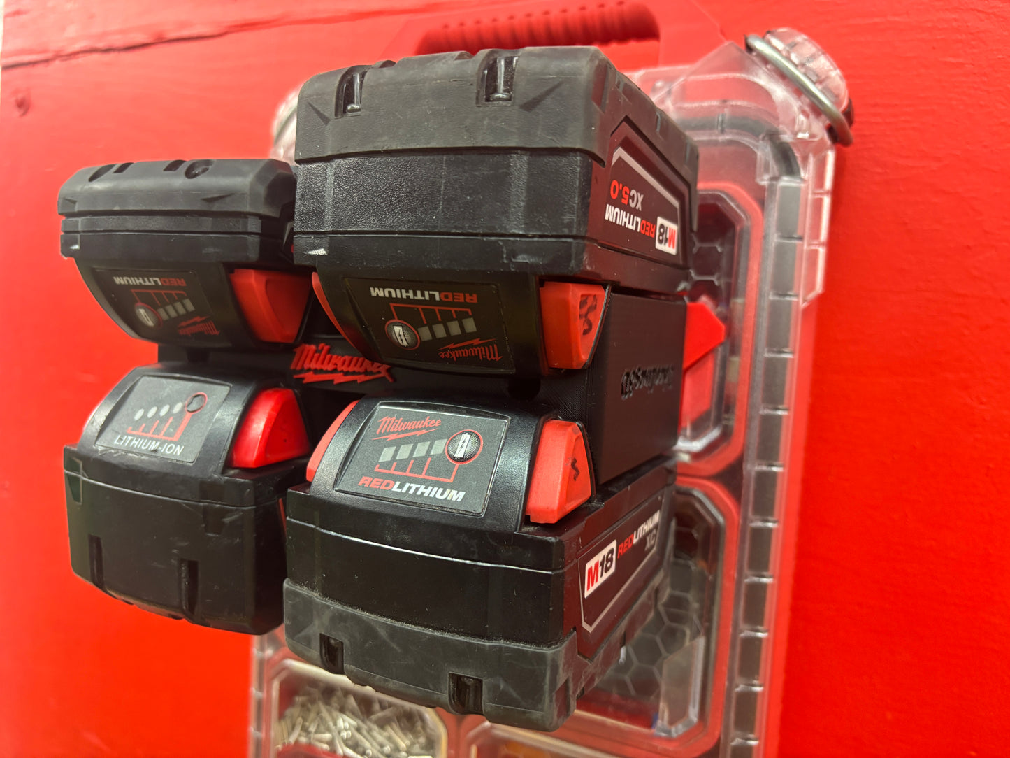 Wall Mount Holder for Milwaukee M18 Batteries – holds 4 Batteries, Optional Packout Mounting