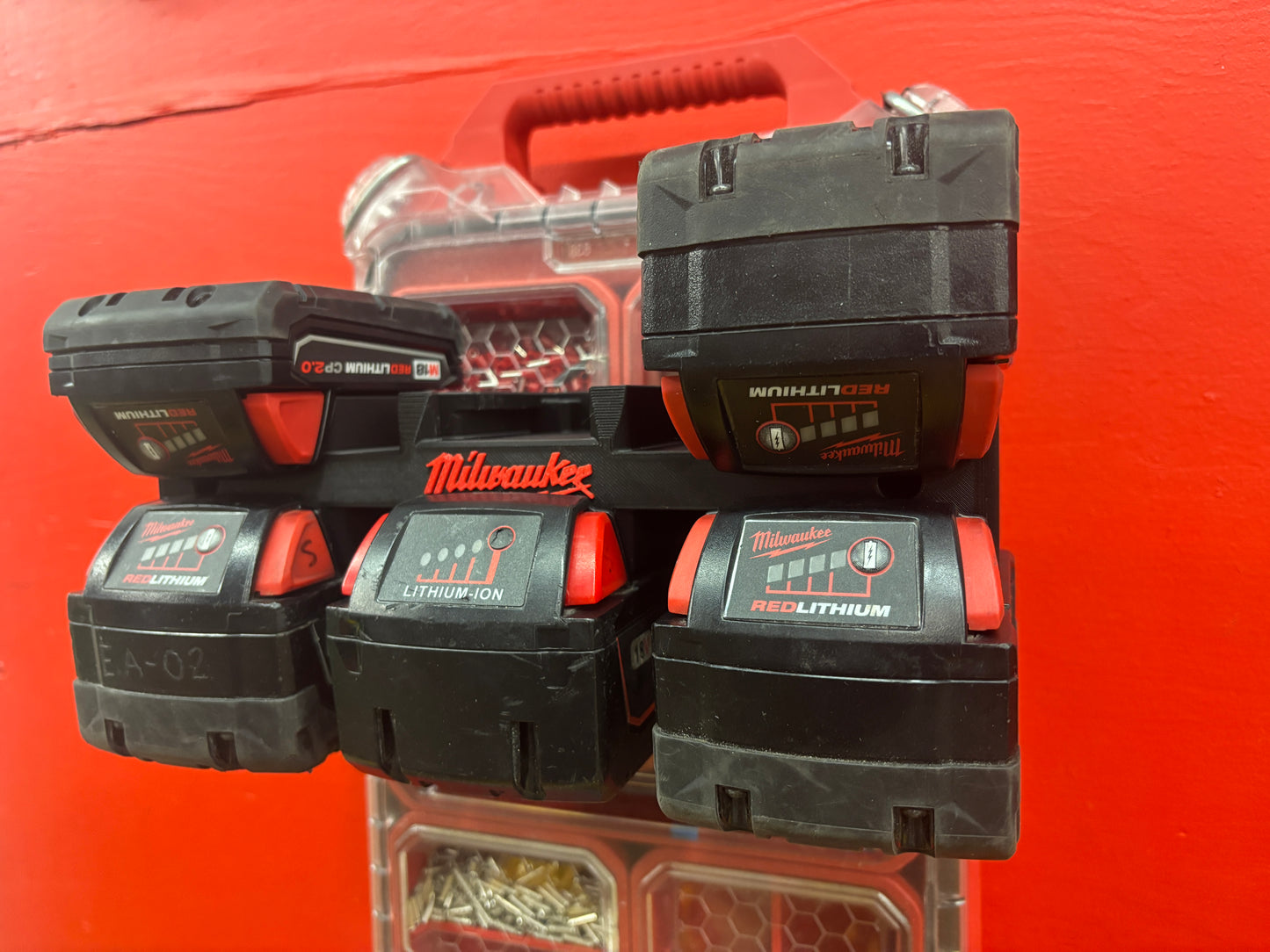 Wall Mount Holder for Milwaukee M18 Batteries – holds 6 Batteries, Optional Packout Mounting