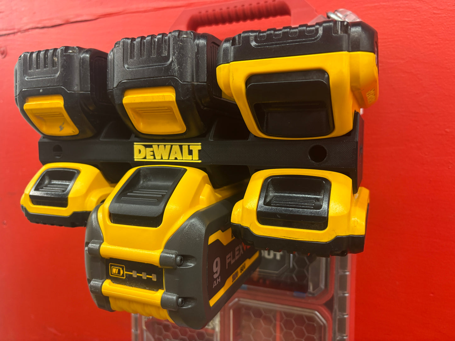 Wall Mount Holder for DeWalt 20V and 60V Batteries – holds 6 Batteries, Optional Milwaukee Packout Mounting