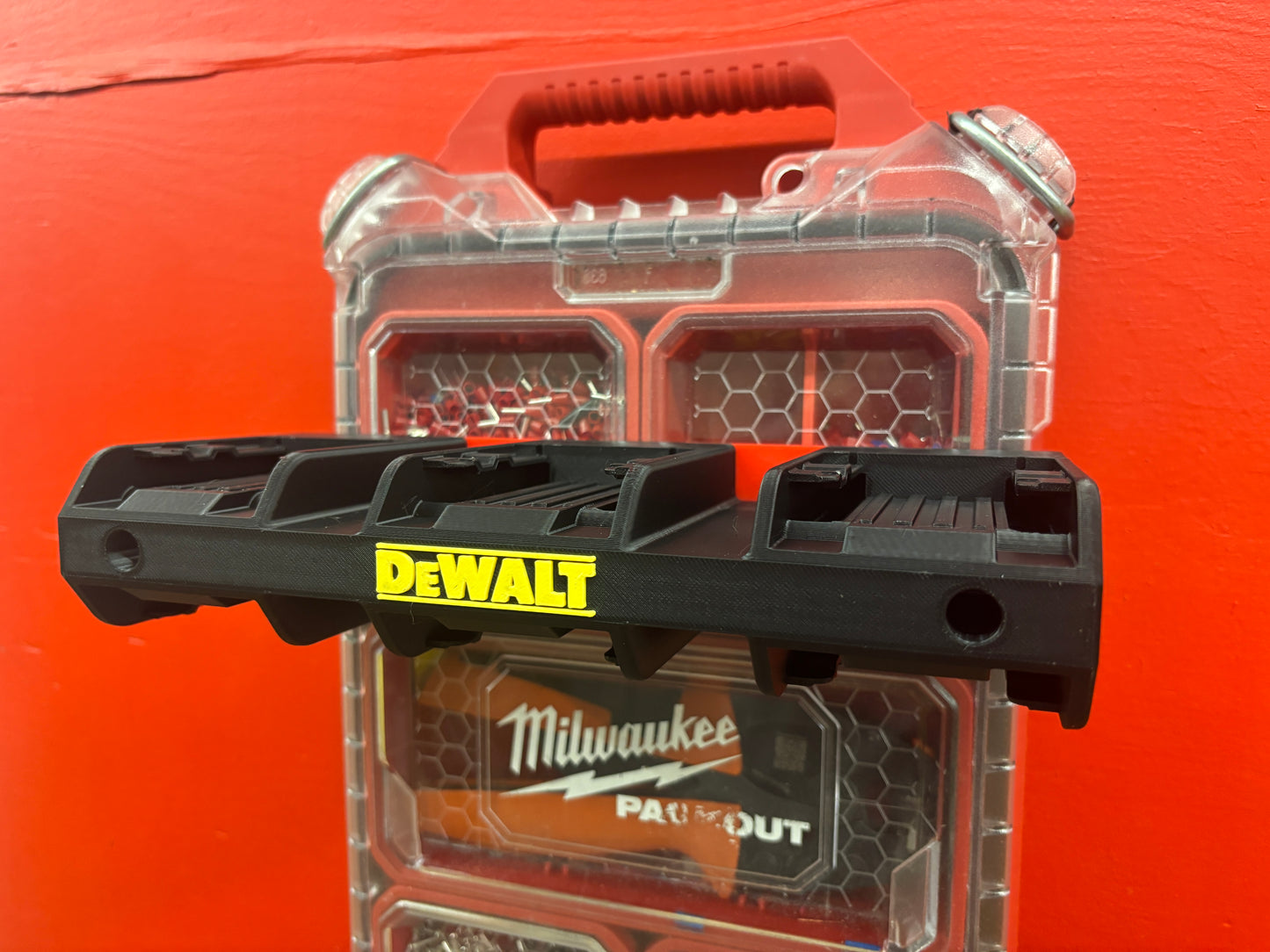 Wall Mount Holder for DeWalt 20V and 60V Batteries – holds 6 Batteries, Optional Milwaukee Packout Mounting