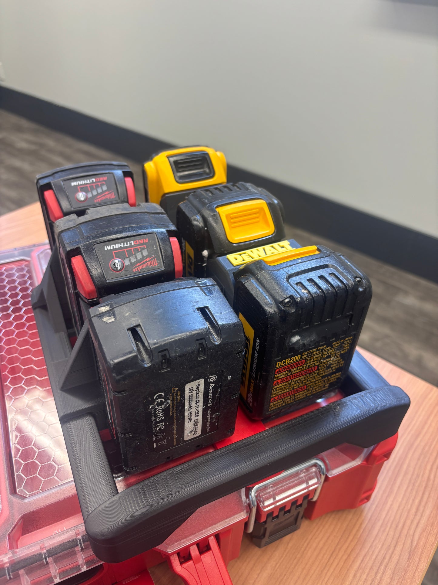 Milwaukee Packout Holder Carrier "DeWaukee" for DeWalt 20V / 60V and Milwaukee M18 Batteries - holds 3 DeWalt and 3 Milwaukee M18 Batteries