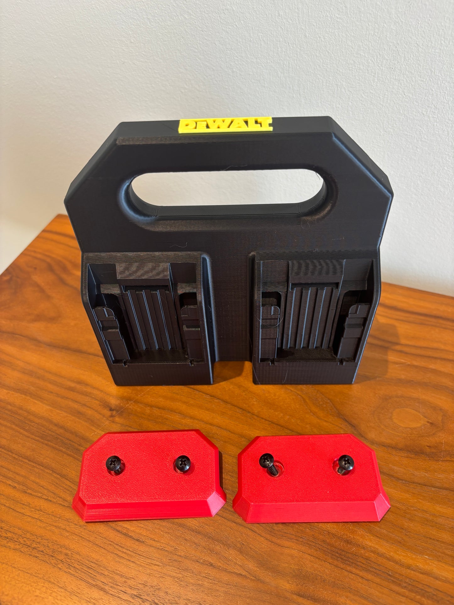 Battery Caddy for DeWalt 20V and 60V Batteries – holds 4 Batteries, Optional Milwaukee Packout Mounting
