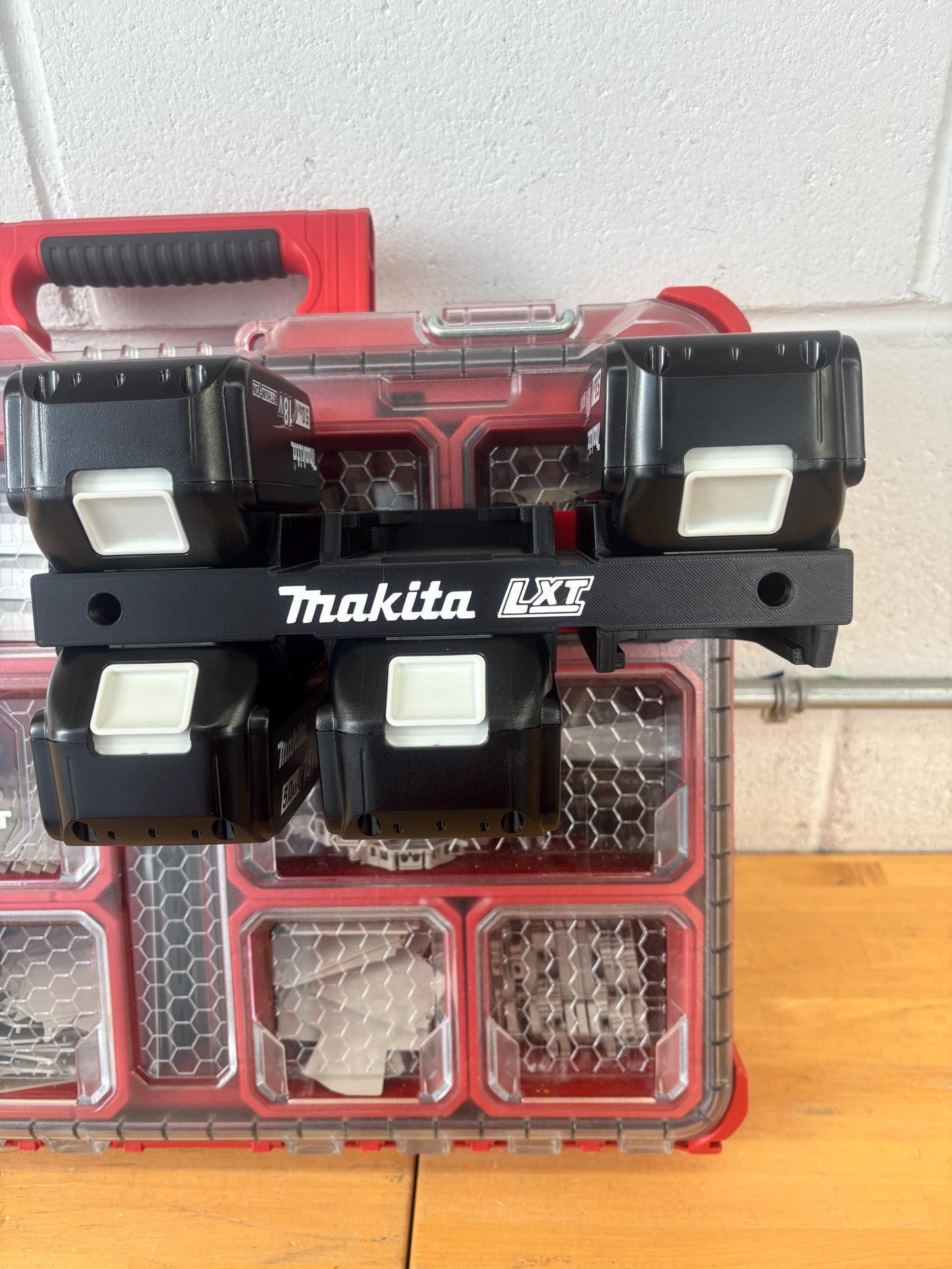 Wall Mount Holder for Makita 18V LXT Batteries – holds 6 Batteries, Optional Packout Mounting