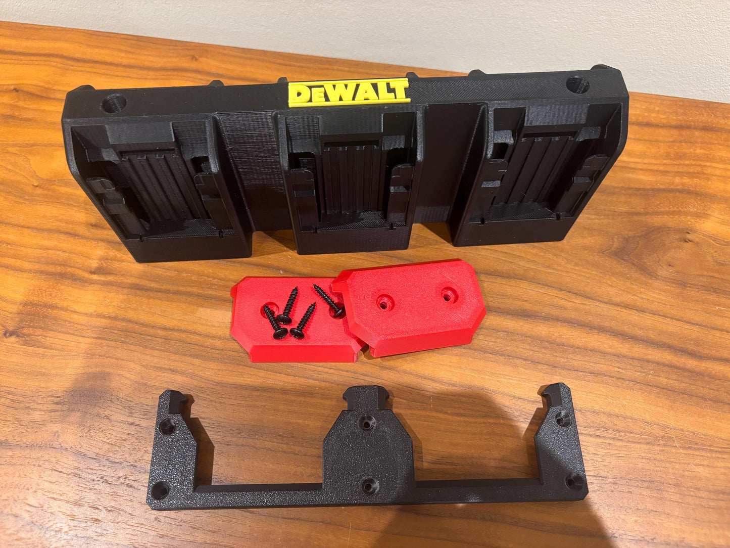 Wall Mount Holder for DeWalt 20V and 60V Batteries – holds 6 Batteries, Optional Milwaukee Packout Mounting