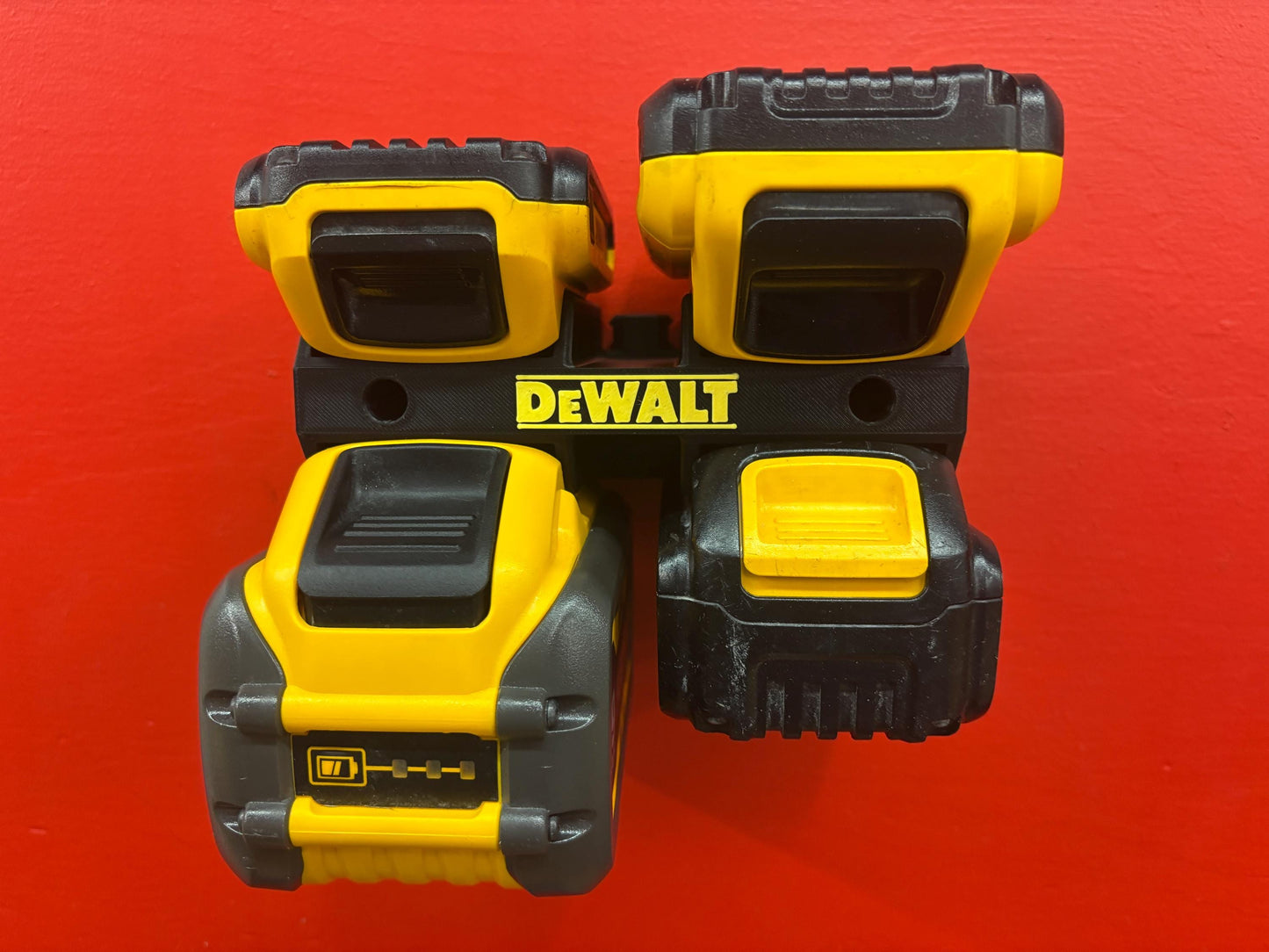 Wall Mount Holder for DeWalt 20V and 60V Batteries – holds 4 Batteries, Optional Milwaukee Packout Mounting