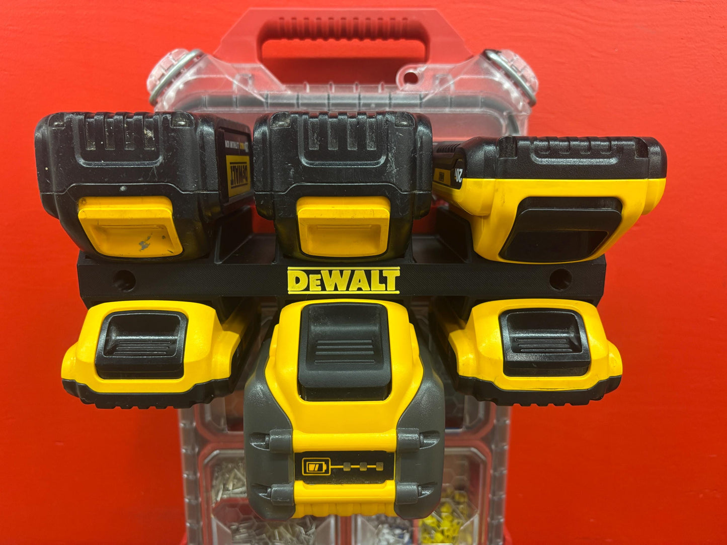Wall Mount Holder for DeWalt 20V and 60V Batteries – holds 6 Batteries, Optional Milwaukee Packout Mounting