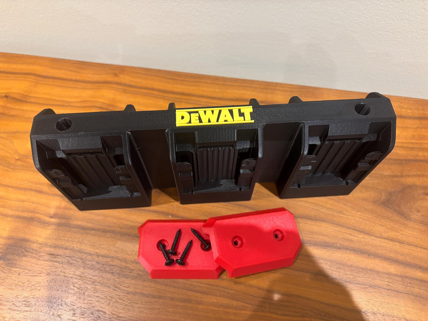 Wall Mount Holder for DeWalt 20V and 60V Batteries – holds 6 Batteries, Optional Milwaukee Packout Mounting
