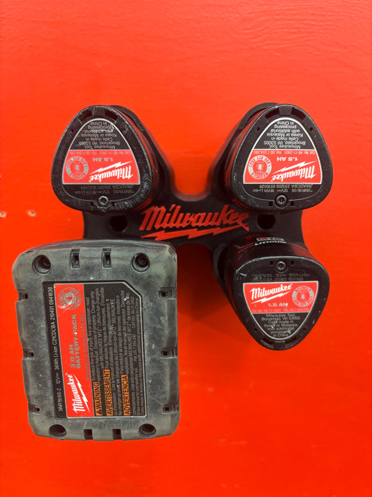 Wall Mount Holder for Milwaukee M12 Batteries – holds 4 Batteries, Optional Packout Mounting