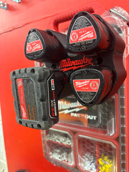 Wall Mount Holder for Milwaukee M12 Batteries – holds 4 Batteries, Optional Packout Mounting
