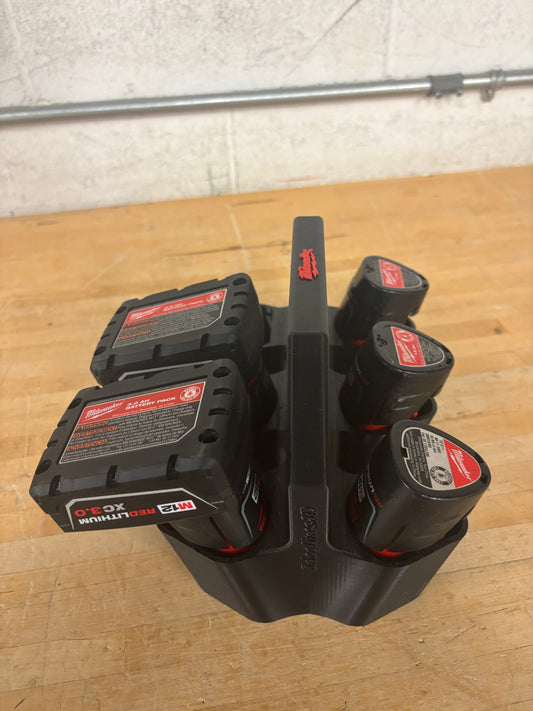 Battery Caddy for Milwaukee M12 Batteries  – holds 6 Batteries, Optional Milwaukee Packout Mounting