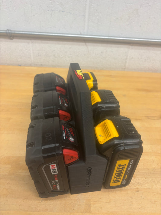 Battery Caddy "DeWaukee" for DeWalt 20V / 60V and Milwaukee M18 Batteries – holds 6 Batteries, Optional Milwaukee Packout Mounting
