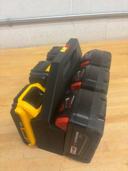 Battery Caddy "DeWaukee" for DeWalt 20V / 60V and Milwaukee M18 Batteries – holds 6 Batteries, Optional Milwaukee Packout Mounting