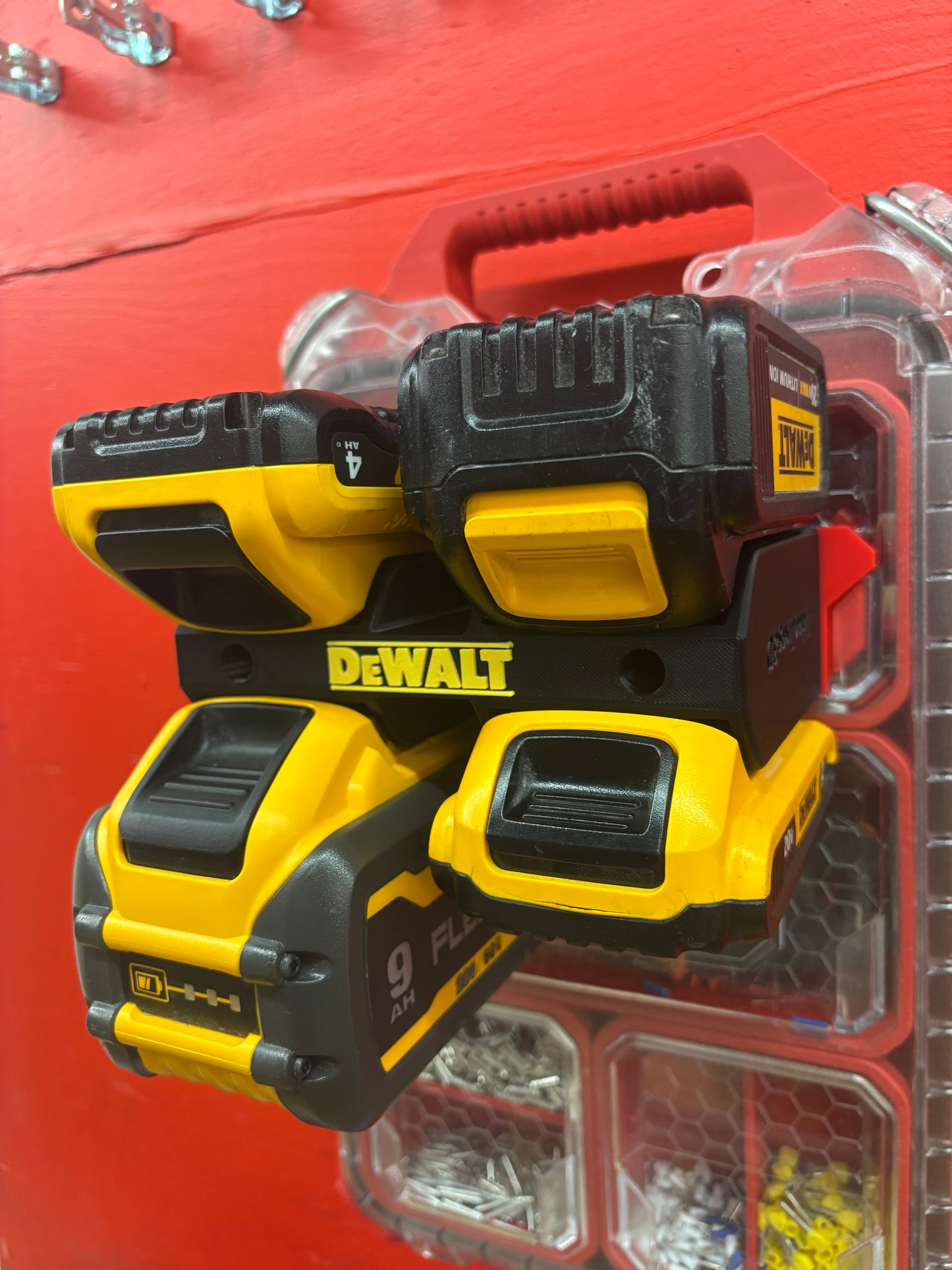 Wall Mount Holder for DeWalt 20V and 60V Batteries  – holds 4 Batteries, Optional Milwaukee Packout Mounting