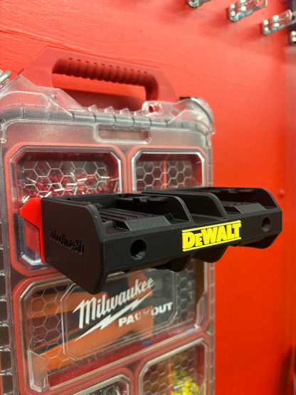 Wall Mount Holder for DeWalt 20V and 60V Batteries  – holds 4 Batteries, Optional Milwaukee Packout Mounting