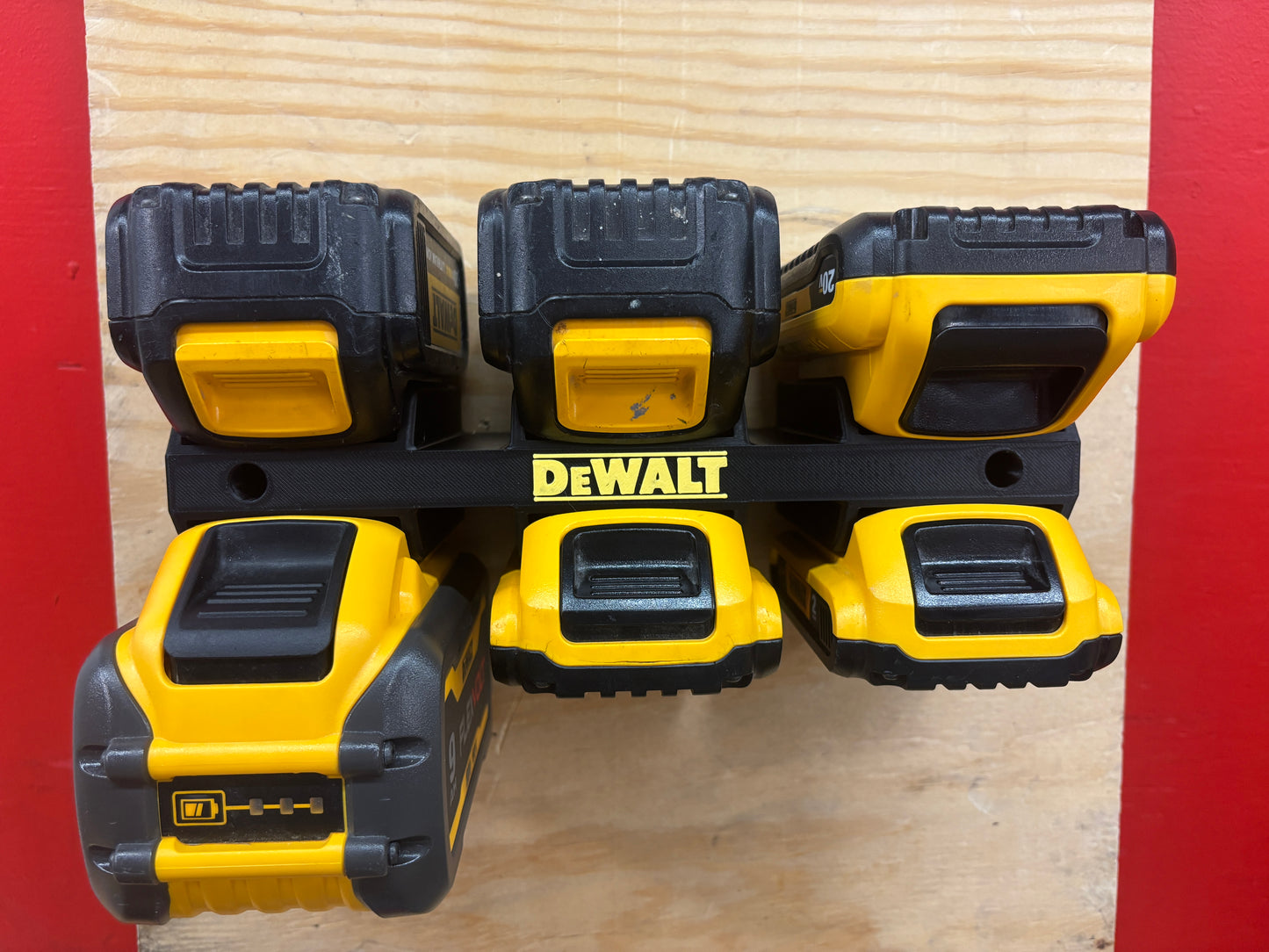 Wall Mount Holder for DeWalt 20V and 60V Batteries  – holds 6 Batteries, Optional Milwaukee Packout Mounting