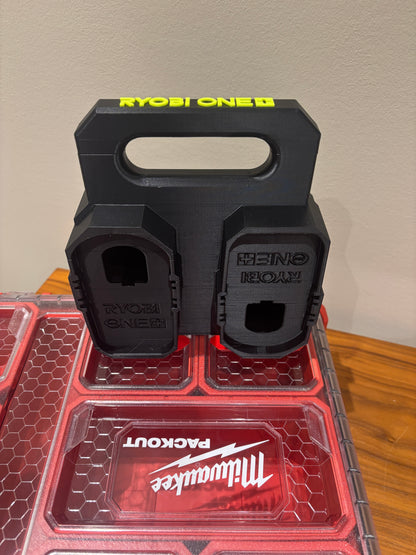 Battery Caddy for RYOBI 18V ONE+ Batteries  – holds 4 Batteries, Optional Milwaukee Packout Mounting