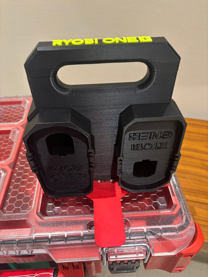 Battery Caddy for RYOBI 18V ONE+ Batteries  – holds 4 Batteries, Optional Milwaukee Packout Mounting