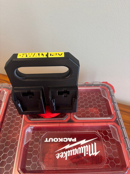 Battery Caddy for DeWalt 12V Batteries  – holds 4 Batteries, Optional Milwaukee Packout Mounting