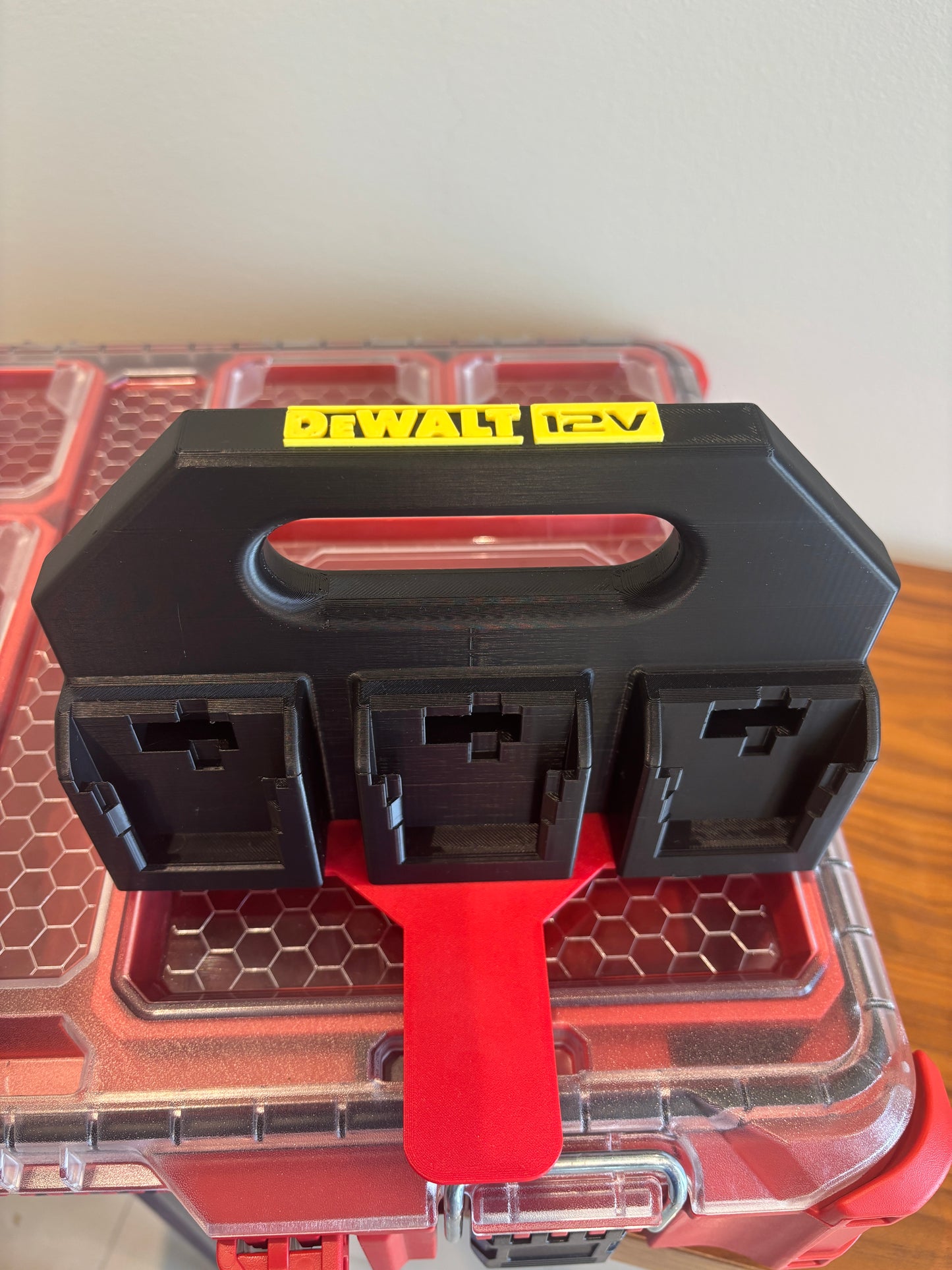 Battery Caddy for DeWalt 12V Batteries  – holds 6 Batteries, Optional Milwaukee Packout Mounting