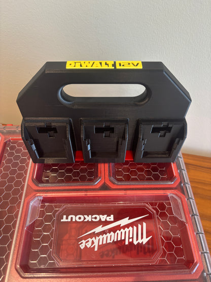 Battery Caddy for DeWalt 12V Batteries  – holds 6 Batteries, Optional Milwaukee Packout Mounting