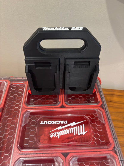 Battery Caddy for Makita LTX 18V Batteries  – holds 4 Batteries, Optional Milwaukee Packout Mounting