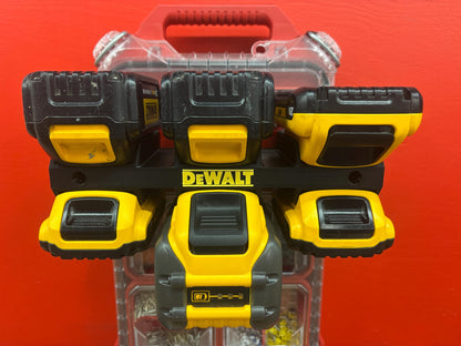Wall Mount Holder for DeWalt 20V and 60V Batteries  – holds 6 Batteries, Optional Milwaukee Packout Mounting